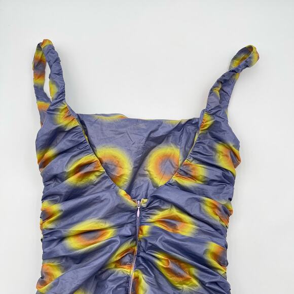 Maisie Wilen | Lady Miss Purple Yellow Ruched Low Back Polka Dot Midi Dress M - Picture 10 of 14